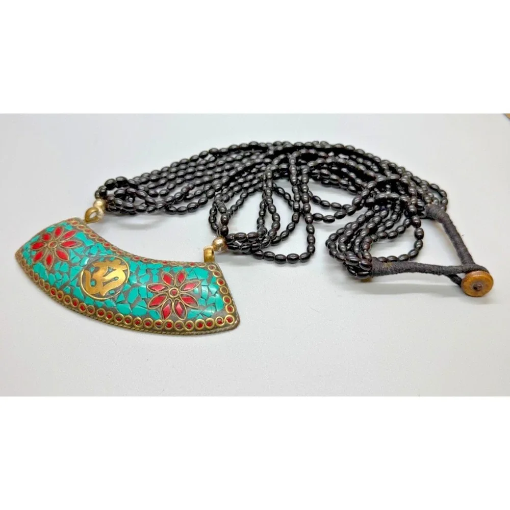 Tibetan Crushed Blue Red Stones  Statement‎ Pendant Necklace Glass Beaded Multi